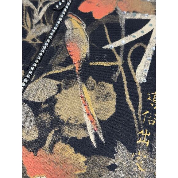 Vintage Jess & Jane Y2K S Black Eastern Floral Bird Kanji AOP Full Zip Cardigan - Picture 11 of 16
